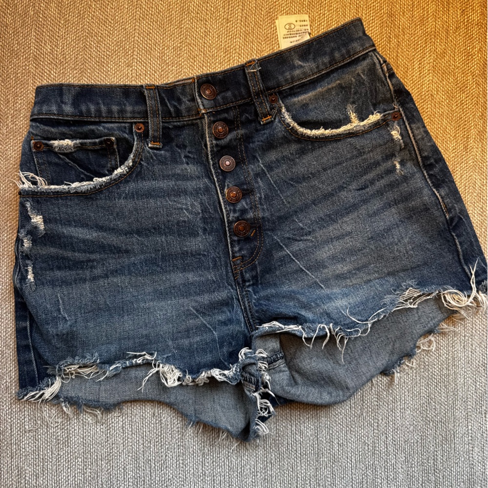 Abercrombie & Fitch Dark Blue Frayed Jean Shorts